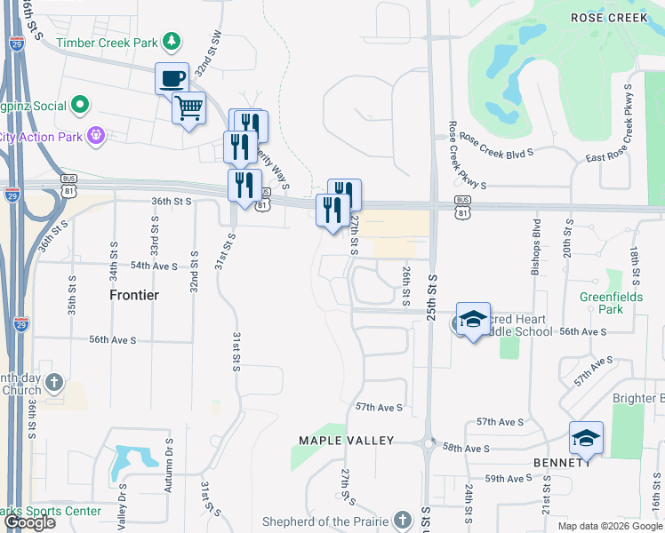 map of restaurants, bars, coffee shops, grocery stores, and more near 5301 27th Street South in Fargo