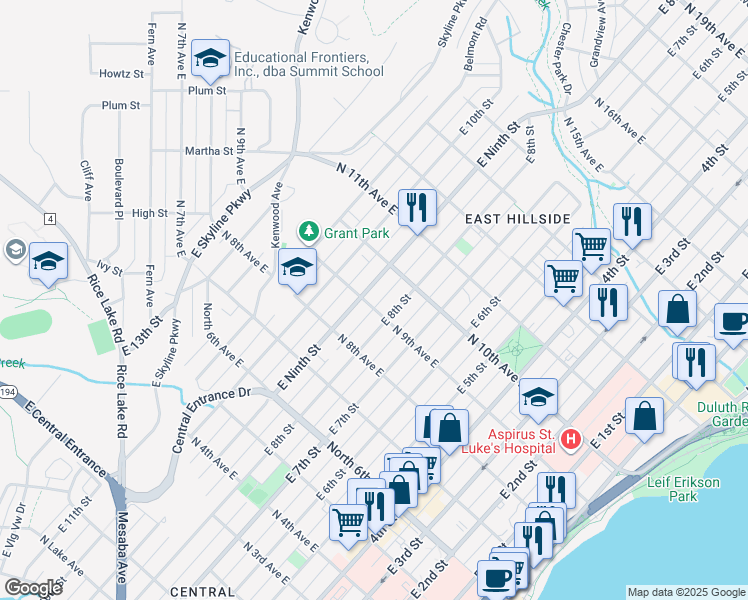 map of restaurants, bars, coffee shops, grocery stores, and more near 913 East 8th Street in Duluth