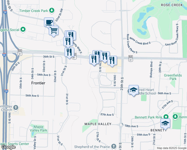 map of restaurants, bars, coffee shops, grocery stores, and more near 5323 27th Street South in Fargo