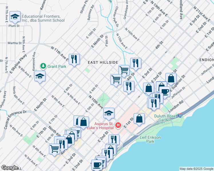 map of restaurants, bars, coffee shops, grocery stores, and more near 1119 East 5th Street in Duluth