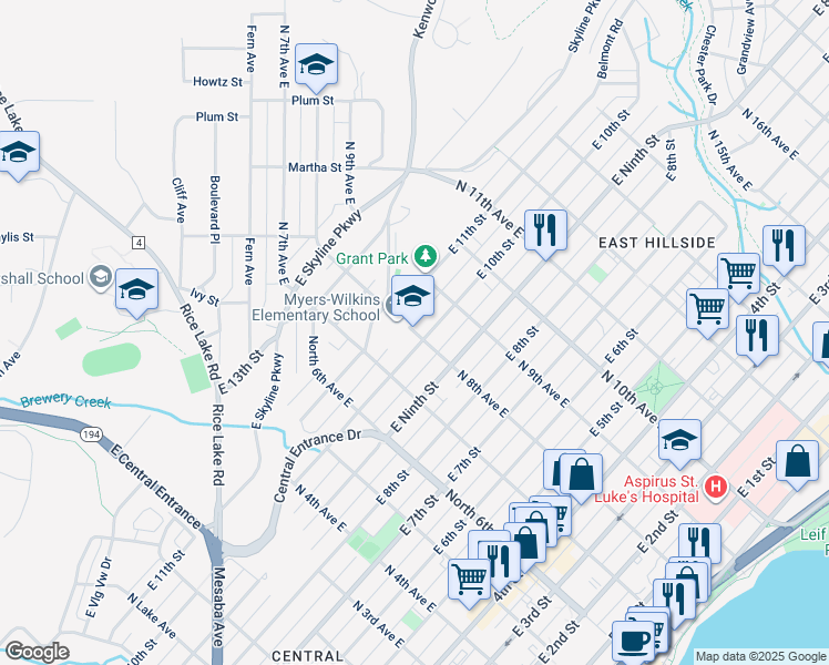 map of restaurants, bars, coffee shops, grocery stores, and more near 1027 North 8th Avenue East in Duluth
