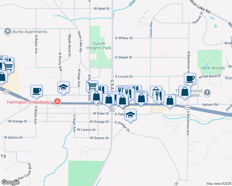 map of restaurants, bars, coffee shops, grocery stores, and more near 330 North Arlington Avenue in Duluth