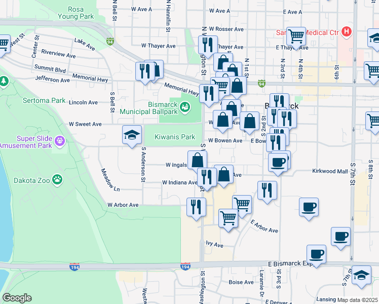 map of restaurants, bars, coffee shops, grocery stores, and more near 319 West Bowen Avenue in Bismarck