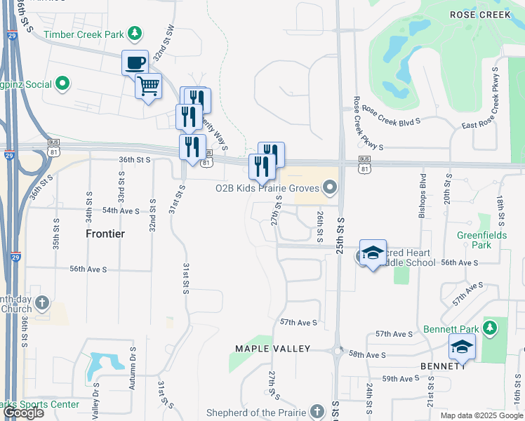 map of restaurants, bars, coffee shops, grocery stores, and more near 5323 27th Street South in Fargo