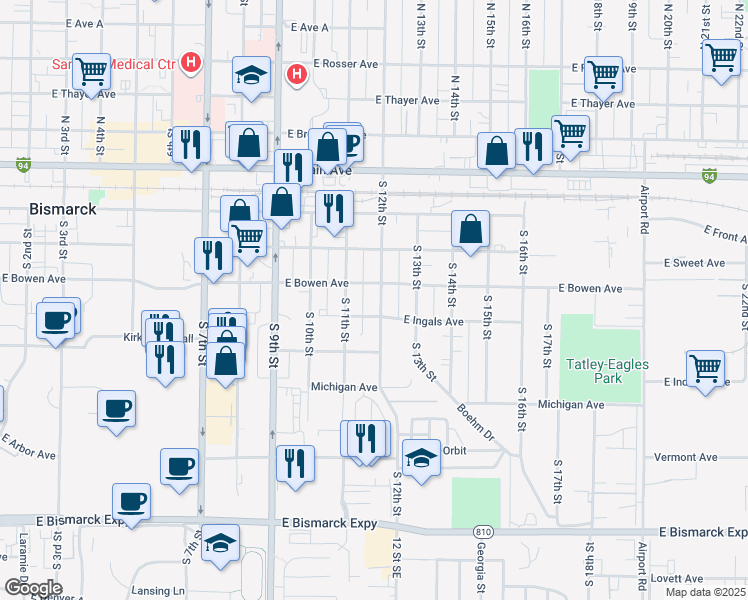 map of restaurants, bars, coffee shops, grocery stores, and more near 412 South 12th Street in Bismarck