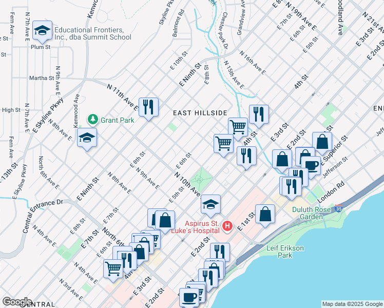 map of restaurants, bars, coffee shops, grocery stores, and more near 532 North 11th Avenue East in Duluth