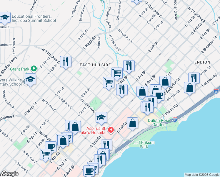 map of restaurants, bars, coffee shops, grocery stores, and more near 412 North 12th Avenue East in Duluth