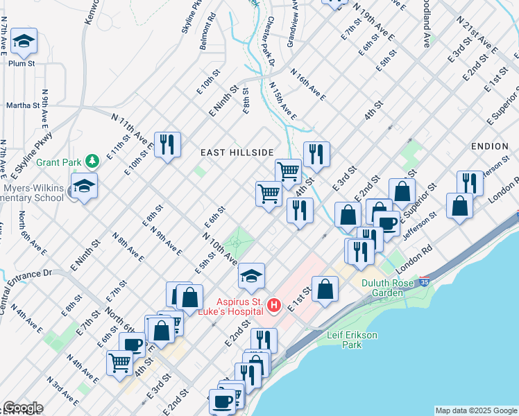 map of restaurants, bars, coffee shops, grocery stores, and more near 412 North 12th Avenue East in Duluth