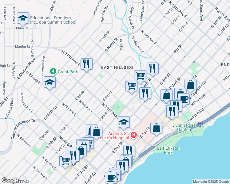 map of restaurants, bars, coffee shops, grocery stores, and more near 532 North 11th Avenue East in Duluth