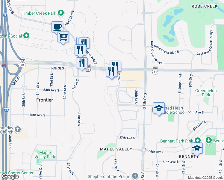 map of restaurants, bars, coffee shops, grocery stores, and more near 5323 27th Street South in Fargo