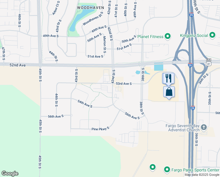 map of restaurants, bars, coffee shops, grocery stores, and more near 4200 53rd Avenue South in Fargo