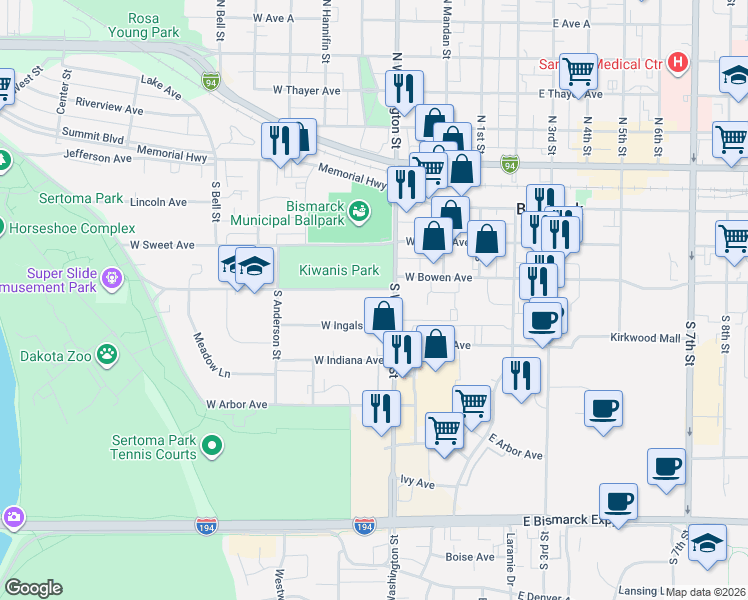 map of restaurants, bars, coffee shops, grocery stores, and more near 319 West Bowen Avenue in Bismarck