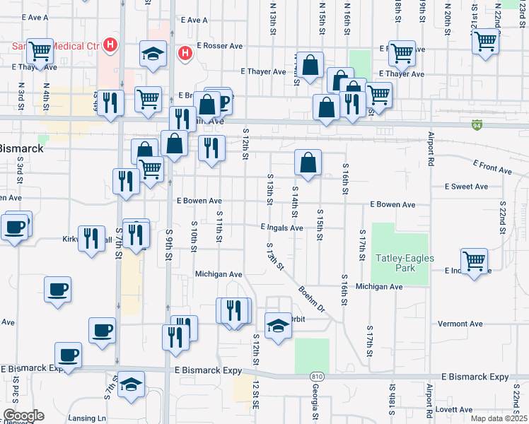 map of restaurants, bars, coffee shops, grocery stores, and more near 410 South 13th Street in Bismarck