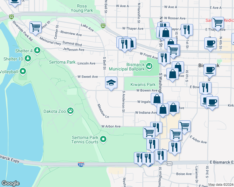 map of restaurants, bars, coffee shops, grocery stores, and more near 406 South Anderson Street in Bismarck