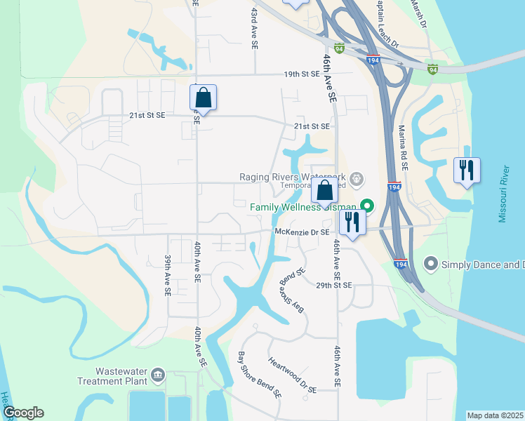 map of restaurants, bars, coffee shops, grocery stores, and more near 2608 Douglas Place Southeast in Mandan