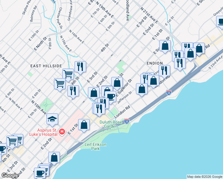 map of restaurants, bars, coffee shops, grocery stores, and more near 15 North 15th Avenue East in Duluth