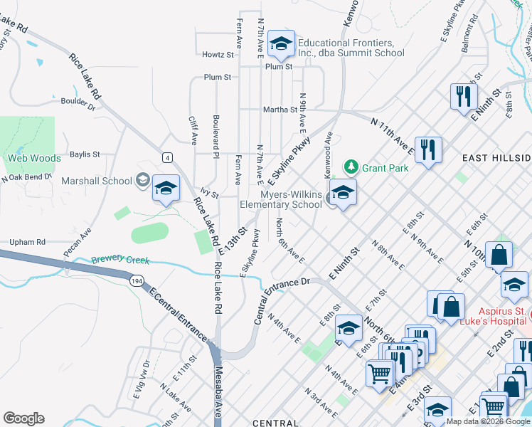 map of restaurants, bars, coffee shops, grocery stores, and more near 618 East Skyline Parkway in Duluth
