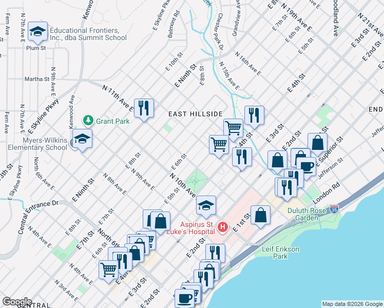map of restaurants, bars, coffee shops, grocery stores, and more near 1110 East 6th Street in Duluth