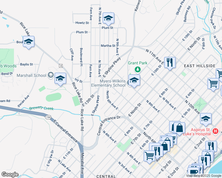 map of restaurants, bars, coffee shops, grocery stores, and more near 1201 North 7th Avenue East in Duluth