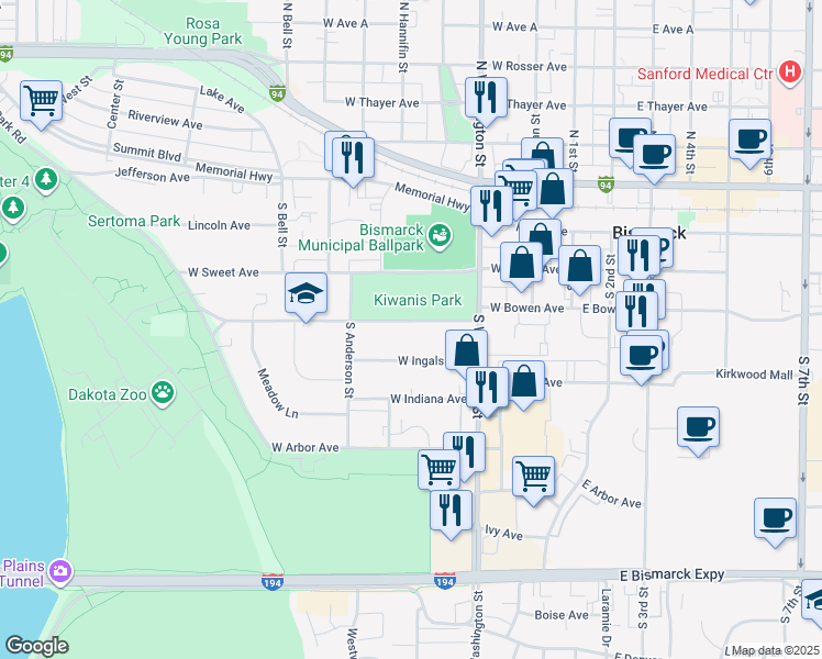 map of restaurants, bars, coffee shops, grocery stores, and more near 411 West Bowen Avenue in Bismarck