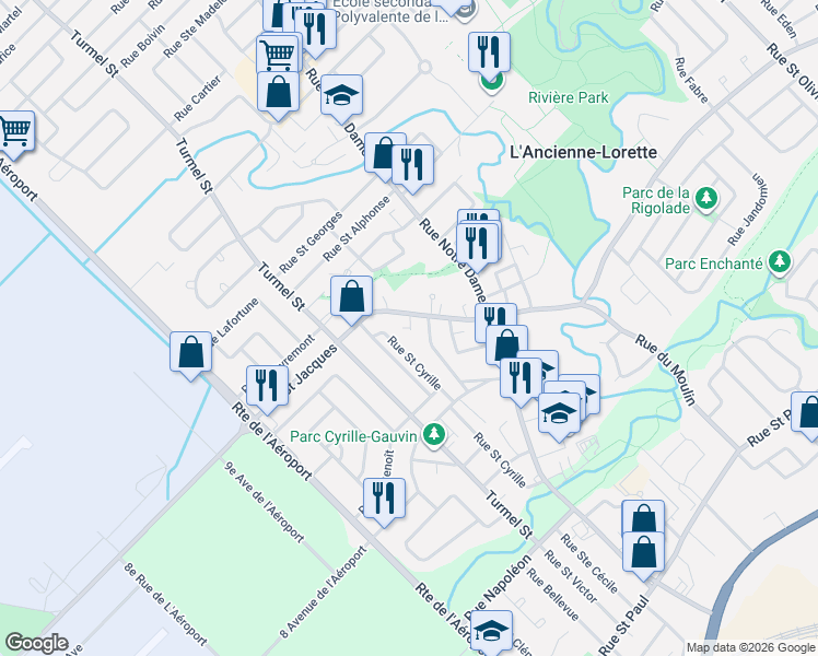 map of restaurants, bars, coffee shops, grocery stores, and more near 1439 Rue Saint Jacques in L'Ancienne-Lorette