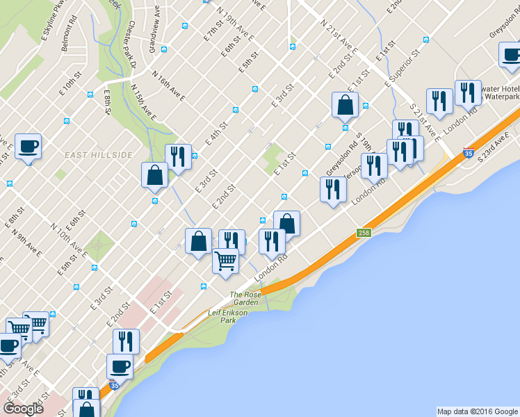 map of restaurants, bars, coffee shops, grocery stores, and more near 15 North 15th Avenue East in Duluth