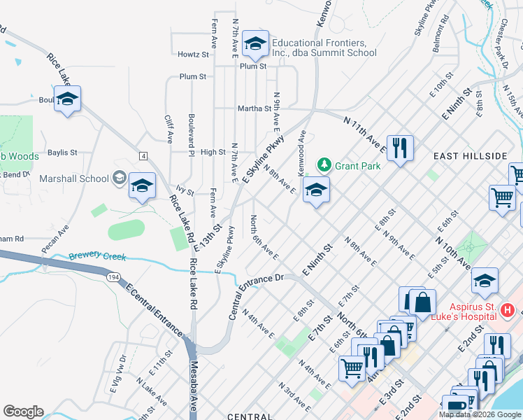 map of restaurants, bars, coffee shops, grocery stores, and more near 1201 North 7th Avenue East in Duluth