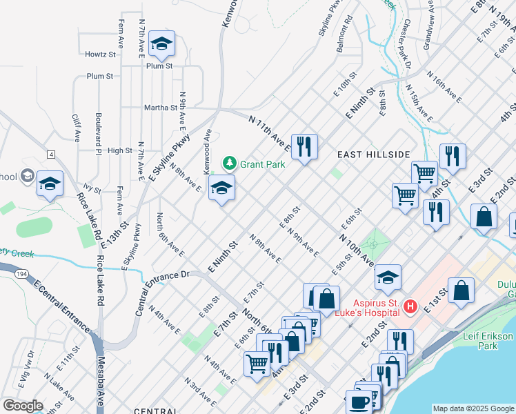 map of restaurants, bars, coffee shops, grocery stores, and more near 829 East 9th Street in Duluth