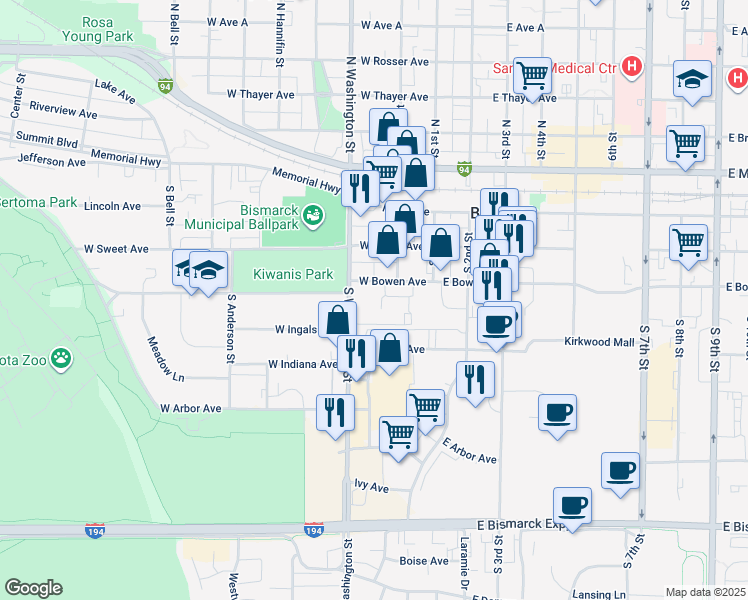 map of restaurants, bars, coffee shops, grocery stores, and more near 215 West Bowen Avenue in Bismarck