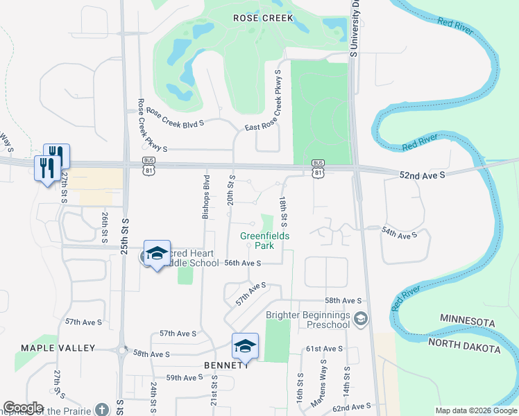 map of restaurants, bars, coffee shops, grocery stores, and more near 1910 54th Avenue South in Fargo