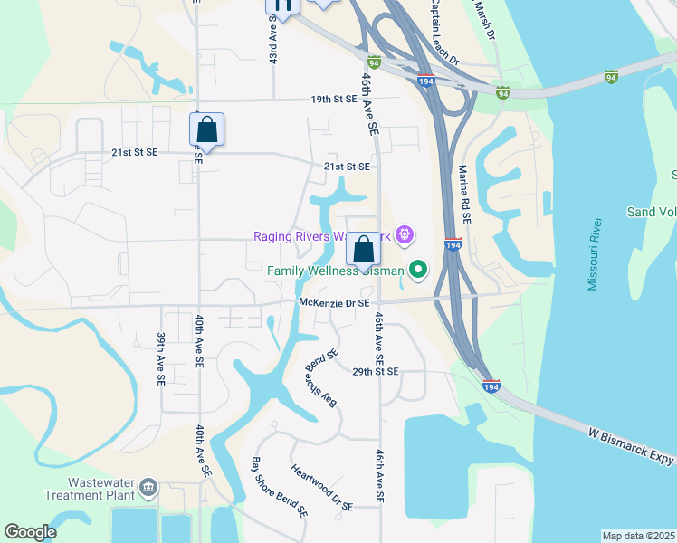 map of restaurants, bars, coffee shops, grocery stores, and more near 2529 Waterpark Loop SouthEast in Mandan