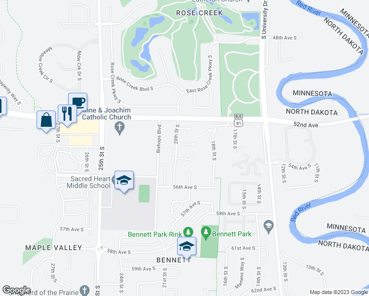 map of restaurants, bars, coffee shops, grocery stores, and more near 1946 54th Avenue South in Fargo