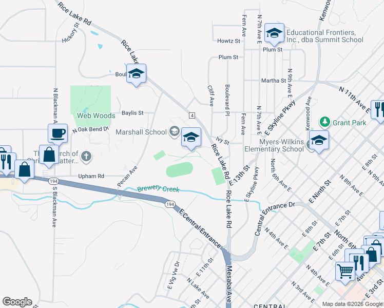 map of restaurants, bars, coffee shops, grocery stores, and more near 1215 Rice Lake Road in Duluth