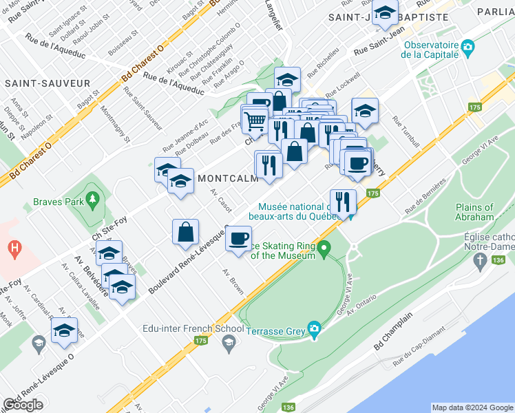 map of restaurants, bars, coffee shops, grocery stores, and more near 361 Boulevard René-Lévesque Ouest in Québec
