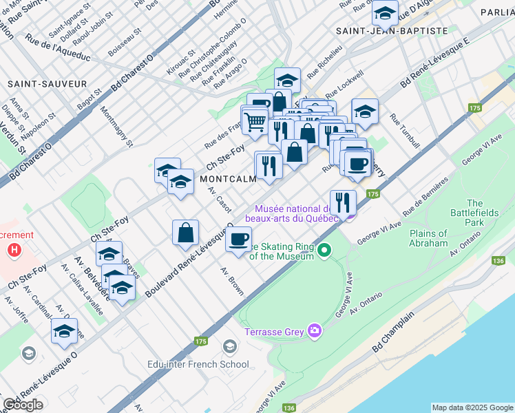 map of restaurants, bars, coffee shops, grocery stores, and more near 361 Boulevard René Lévesque Ouest in Québec