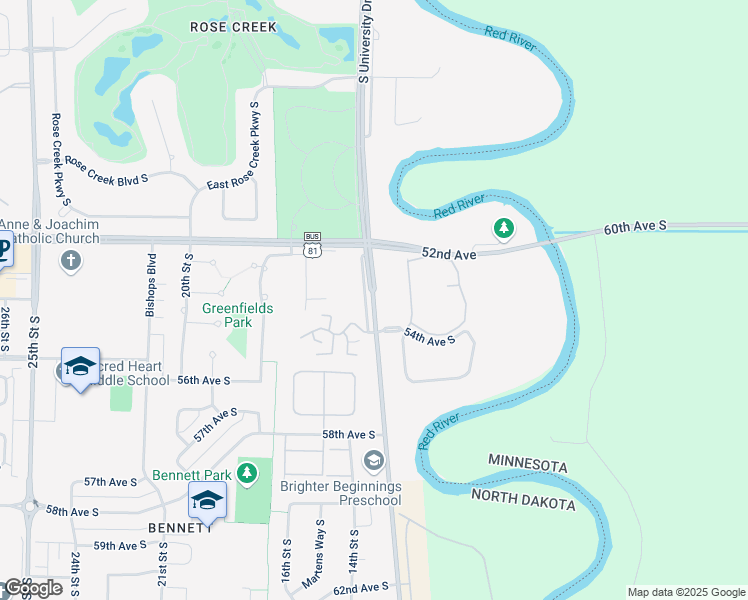 map of restaurants, bars, coffee shops, grocery stores, and more near 5302 South University Drive in Fargo