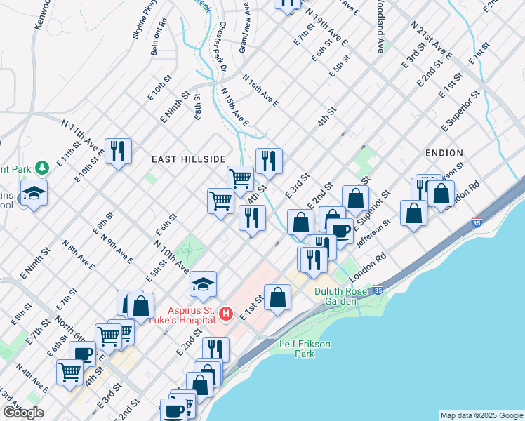 map of restaurants, bars, coffee shops, grocery stores, and more near 1301 East 3rd Street in Duluth