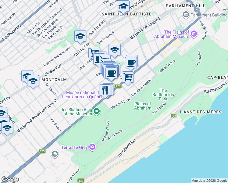 map of restaurants, bars, coffee shops, grocery stores, and more near 135 Grande Allée Ouest in Québec