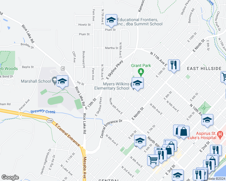 map of restaurants, bars, coffee shops, grocery stores, and more near 1205 North 7th Avenue East in Duluth