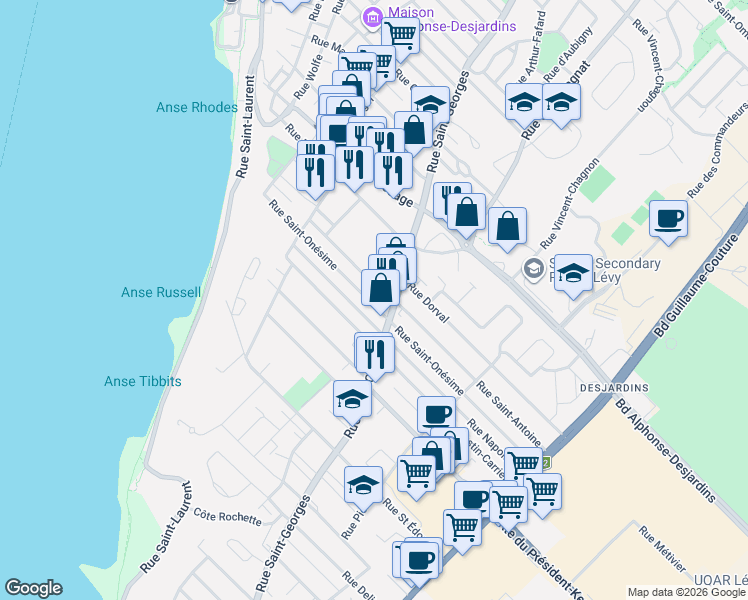 map of restaurants, bars, coffee shops, grocery stores, and more near 470 Rue Saint-Onésime in Lévis