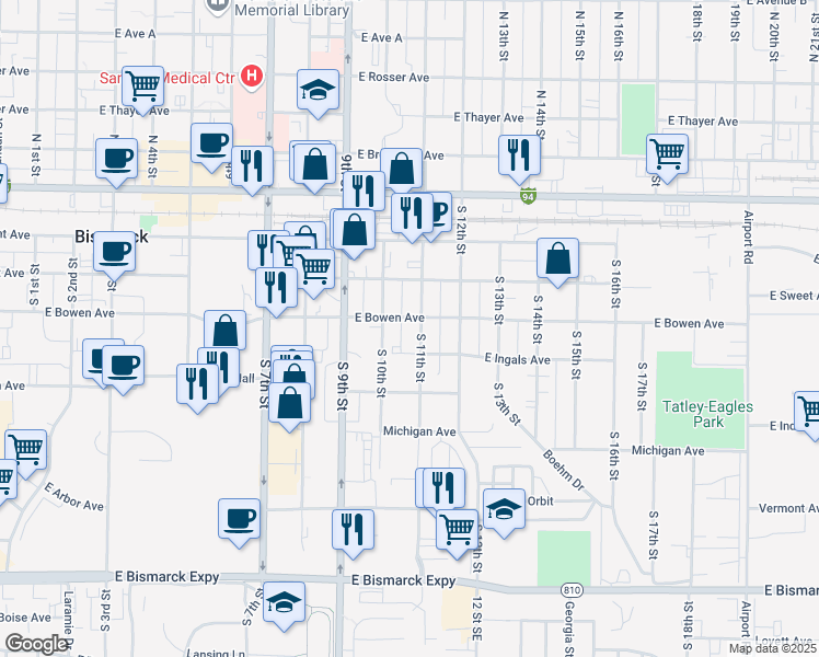 map of restaurants, bars, coffee shops, grocery stores, and more near 416 South 11th Street in Bismarck