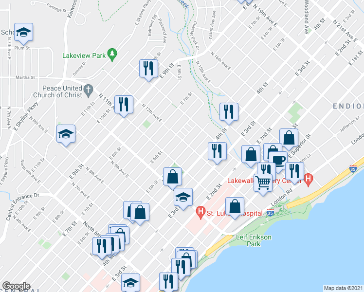 map of restaurants, bars, coffee shops, grocery stores, and more near 1119 East 5th Street in Duluth