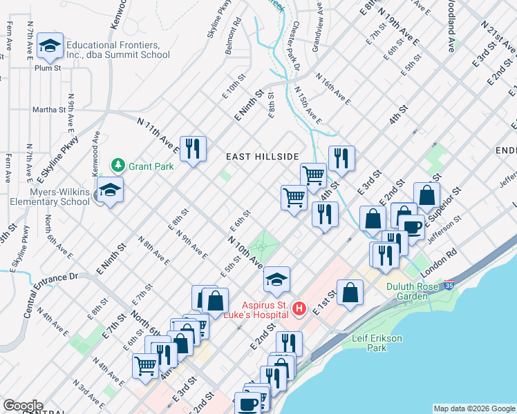 map of restaurants, bars, coffee shops, grocery stores, and more near 532 North 11th Avenue East in Duluth