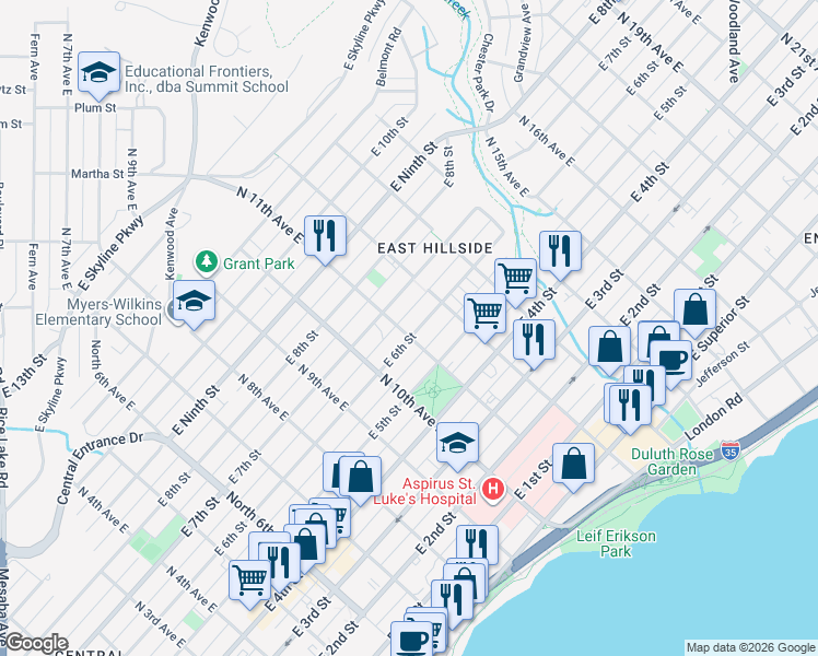 map of restaurants, bars, coffee shops, grocery stores, and more near 532 North 11th Avenue East in Duluth