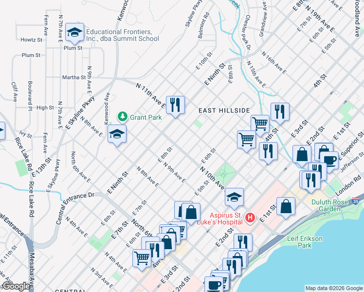 map of restaurants, bars, coffee shops, grocery stores, and more near 717 North 10th Avenue East in Duluth