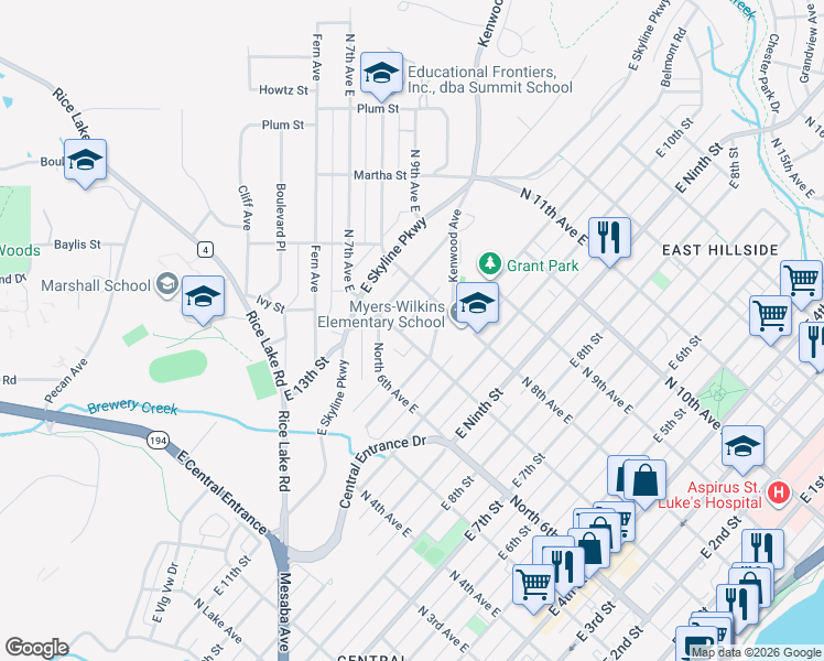 map of restaurants, bars, coffee shops, grocery stores, and more near 703 East 11th Street in Duluth