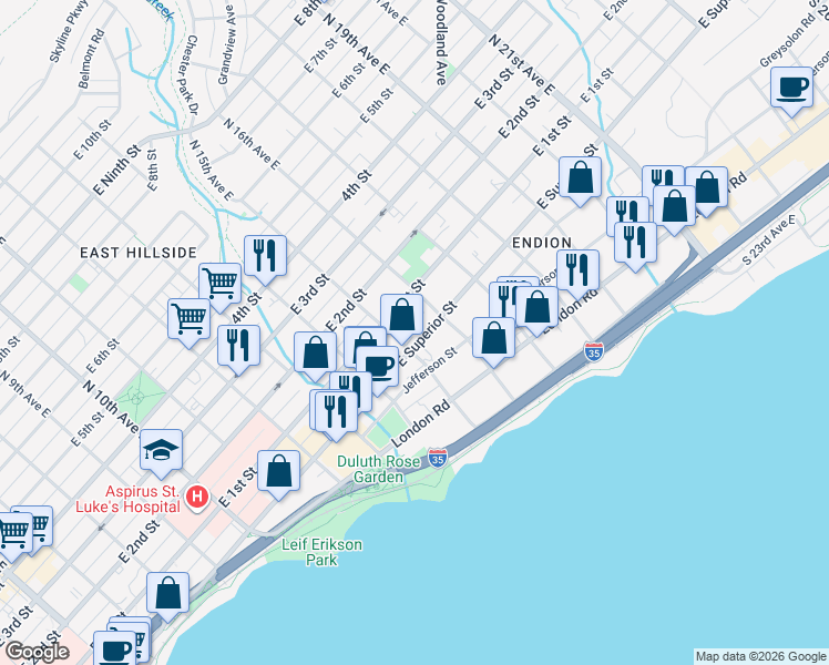 map of restaurants, bars, coffee shops, grocery stores, and more near 1511 East Superior Street in Duluth
