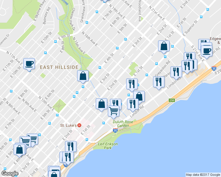map of restaurants, bars, coffee shops, grocery stores, and more near 1406 East 2nd Street in Duluth