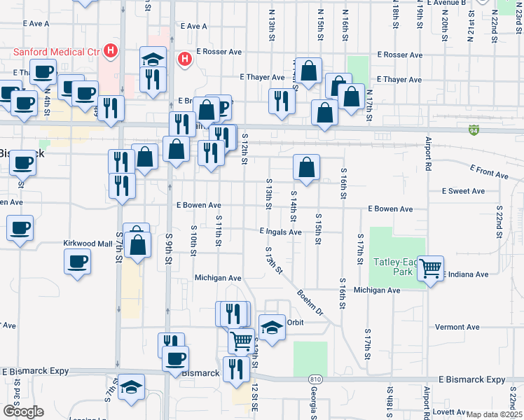 map of restaurants, bars, coffee shops, grocery stores, and more near 410 South 13th Street in Bismarck