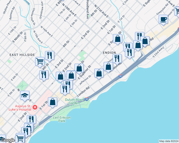 map of restaurants, bars, coffee shops, grocery stores, and more near 1530 Jefferson Street in Duluth